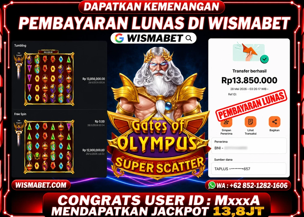 WISMABET - WISMABET - BUKTI KEMENANGAN Gates of Olympus Super Scatter Rp13,800,000- LUNAS